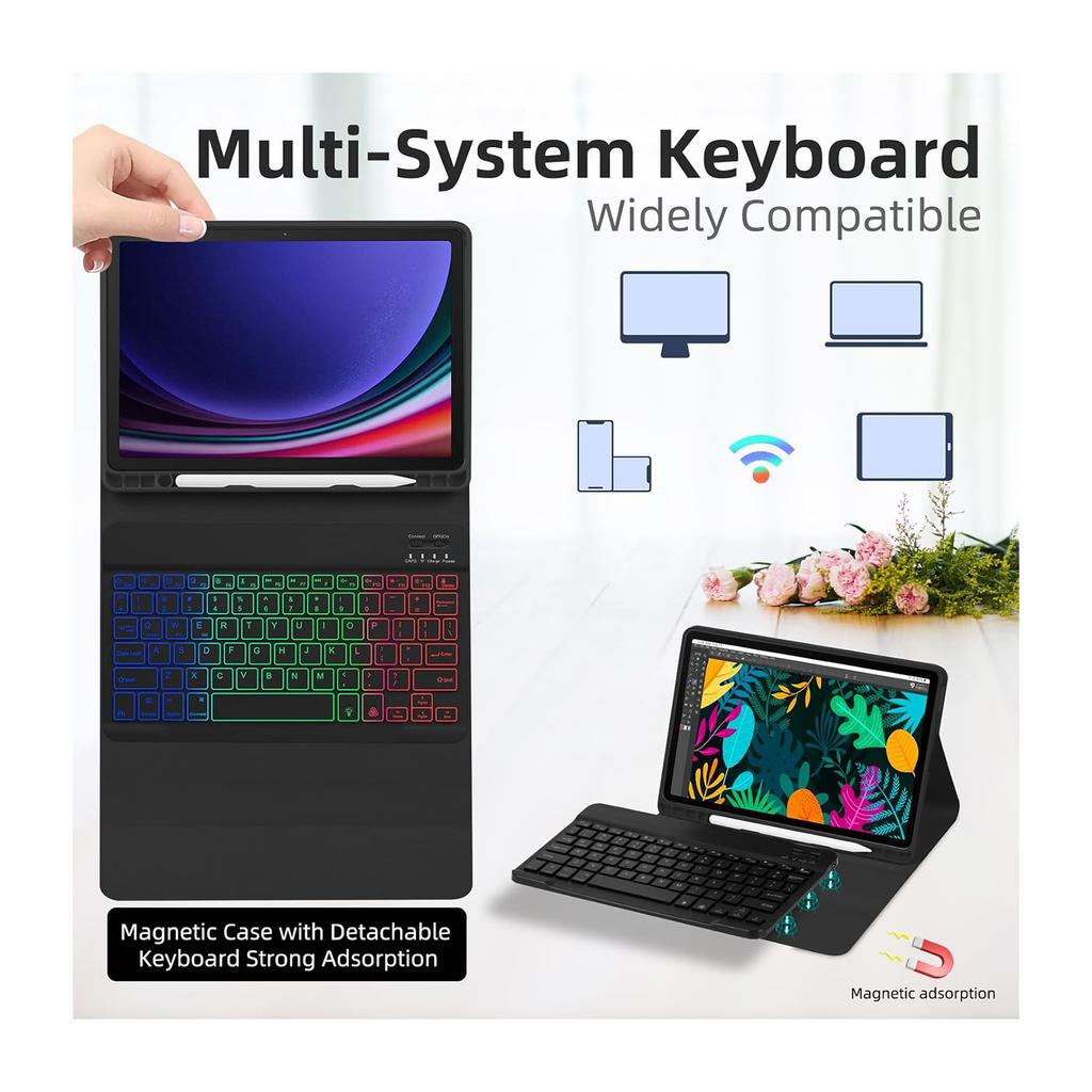 Tablet Case with Bluetooth Keyboard for Galaxy Tab S7  S8  S9  S9FE  and 11  Black