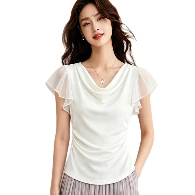 High-end Cool Sense of Swing Collar Chiffon Ruffled Short-sleeved T-shirt Women's Pleated Slim Slimming Design Top