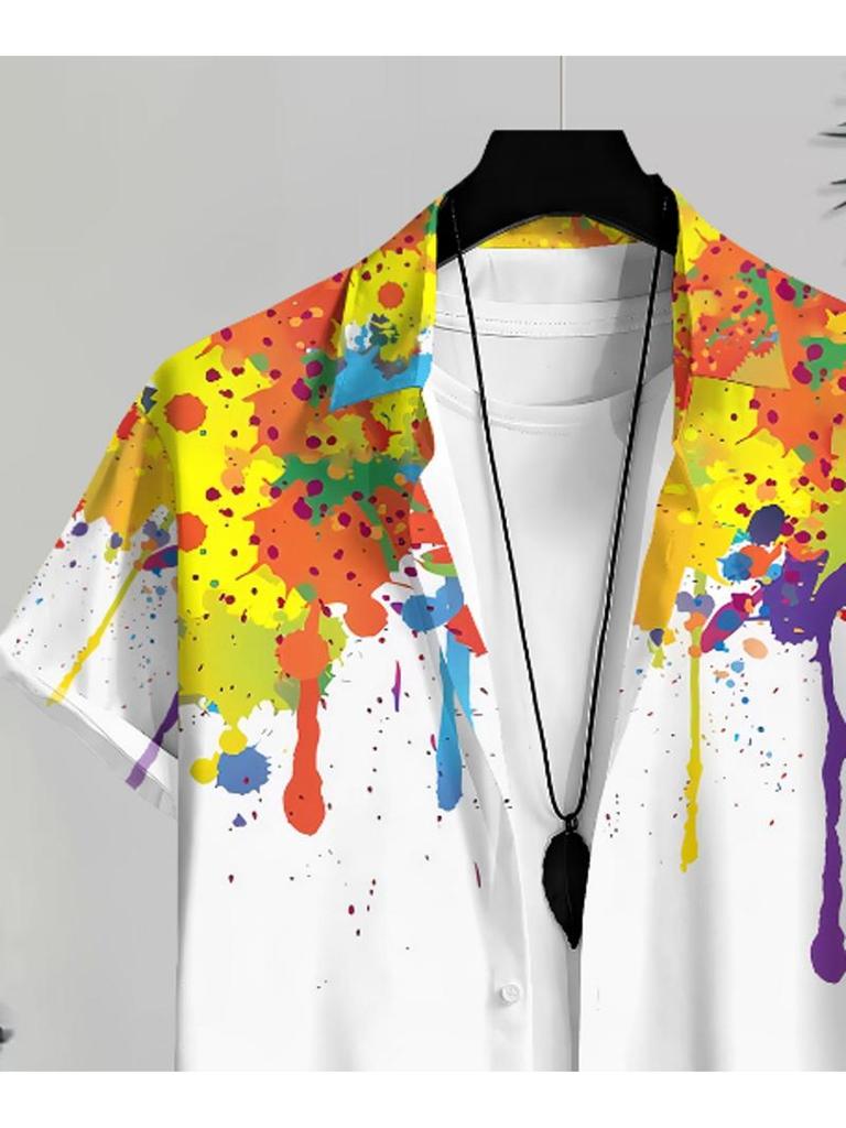 Men's Casual Short - Sleeved Shirt, Colorful Splash - Ink Pattern, Polyester Material, Multiple Sizes Available, Suitable for Daily Wear