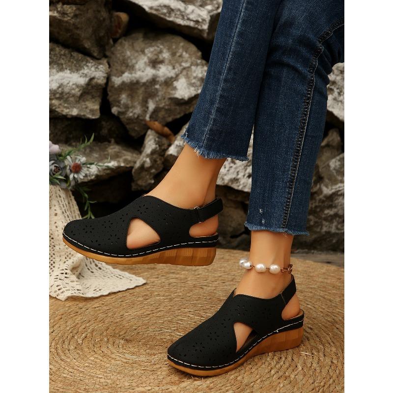Women's Summer Breathable Hollow Velcro-Strap Wedge Peep-Toe Stitched Closed-Toe Sandals, Casual Comfort Footwear.