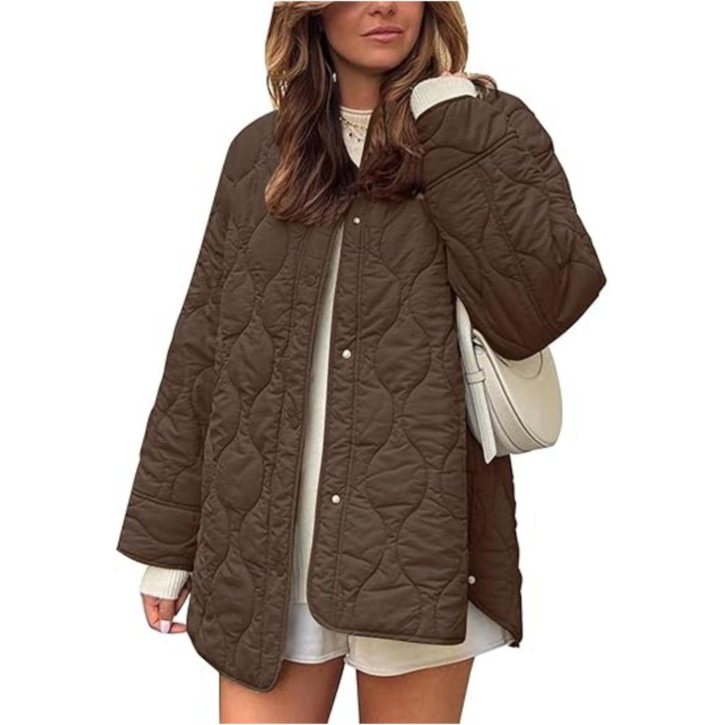 Otoño Invierno Nuevo Abrigo de Algodón Acolchado de Color Sólido con Cuello Redondo Holgado para Mujer, Ropa de Abrigo Casual Estilo Europeo Americano para Mujer