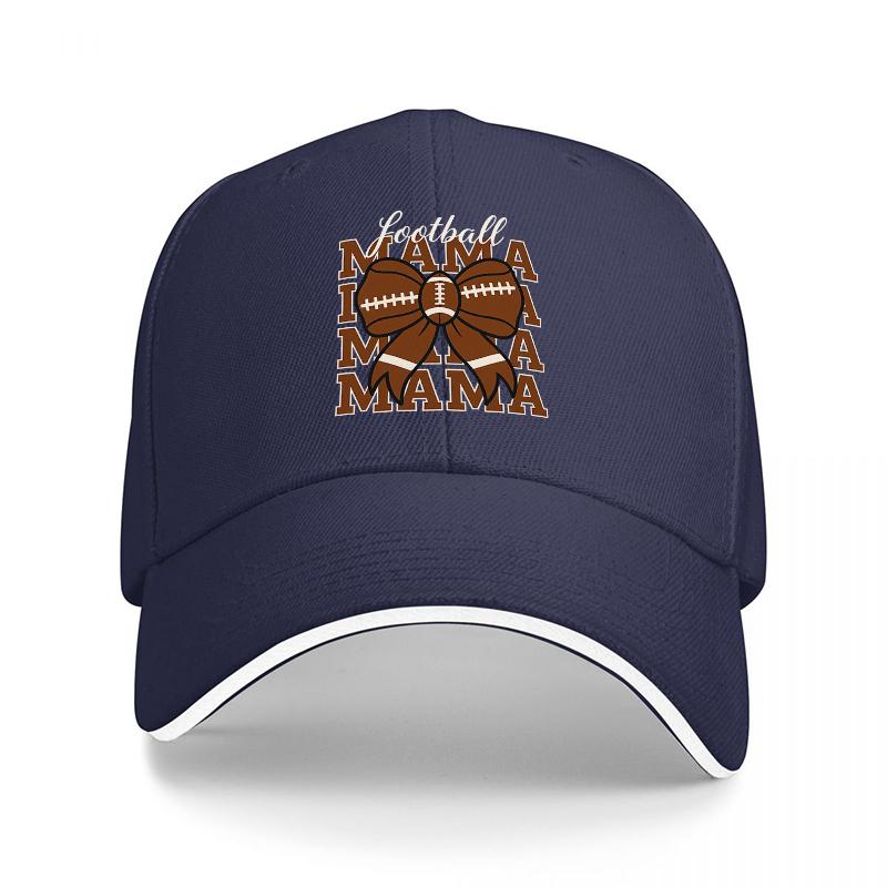 

Football Mama Logo Black Baseball Cap with Brown Football Design and White Trim for Sports Fans and Team Supporters Adjustable