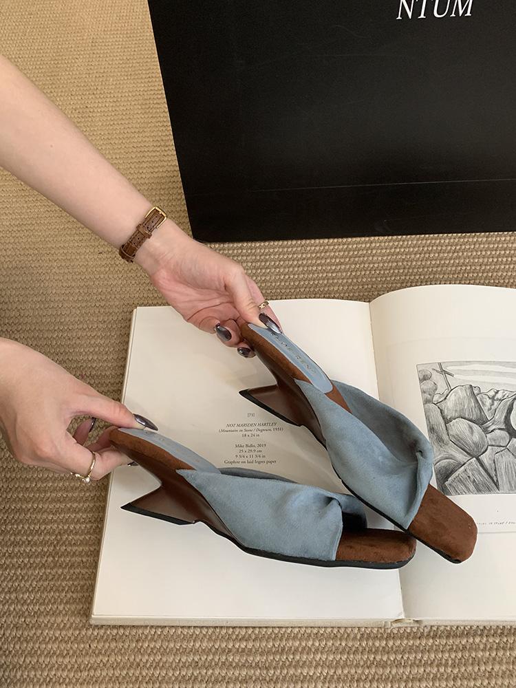 Suede Women's Square Toe Vocation Mules French Style Sandals New Summer Slippers Soft Frosted Open Toe Shoes Zapatos De Mujer