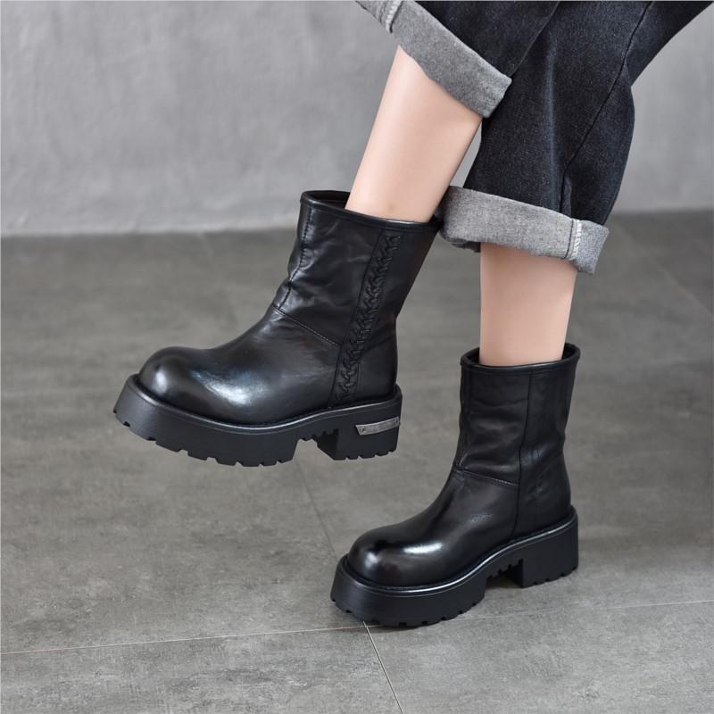 Johnature Genuine Leather Thick Soled Thick Heel Mid-calf Boots Plush Warm Women's Slip-on Boots