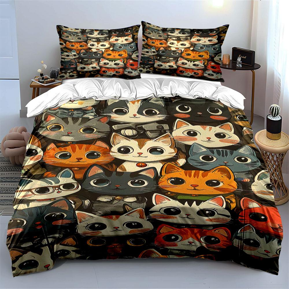 Stylized Cat Faces Pattern. Bedding Sets Duvet Cover Sets Duvet Covers Pillowcases(1 * Duvet Cover 2 * Pillowcases, Without Duvet Insert)