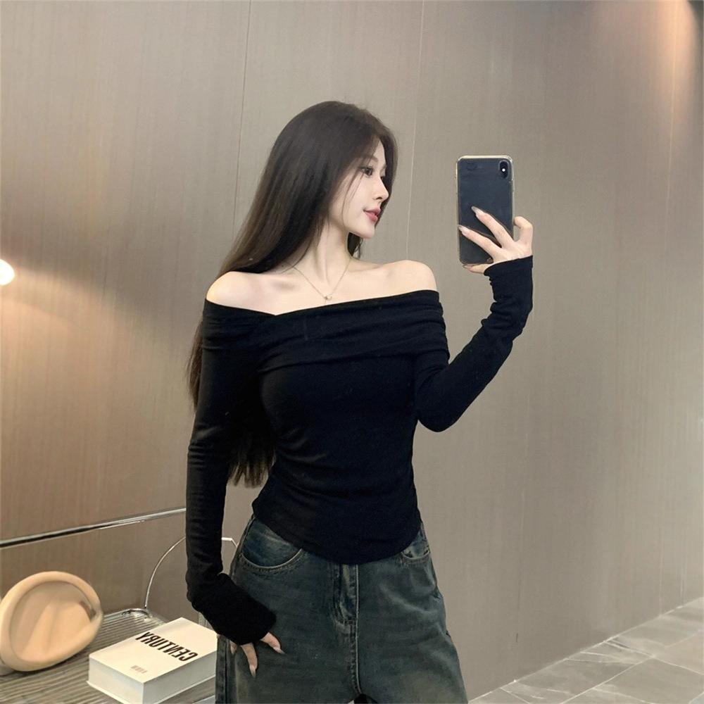 Women's Long Sleeved T-shirt Base Shirt Top Women's Slim Fit Slanted Neck One Shoulder T-shirt