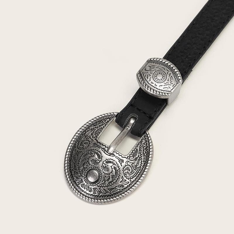 New Ladies' Retro Carved Ancient Silver Buckle Western Style Genuine Leather Thin Belt Pig Skin Peeled Versatile Fashion Belt