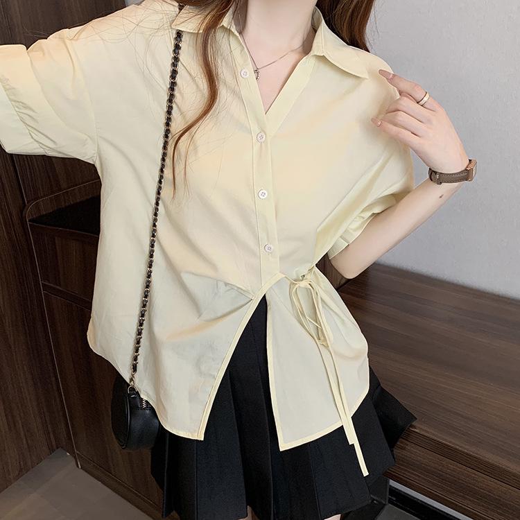 2026 Summer Plus Size Chic Irregular Loose Fit Short Sleeve Side Tie Blouse