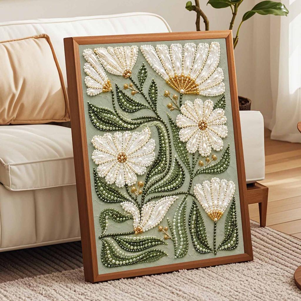 Elegant Floral Pearl Painting Kit with Frame Sparkling Bead Canvas Romantic Handmade Wall Decor Art Gift for Women Unique Home Craft Projects