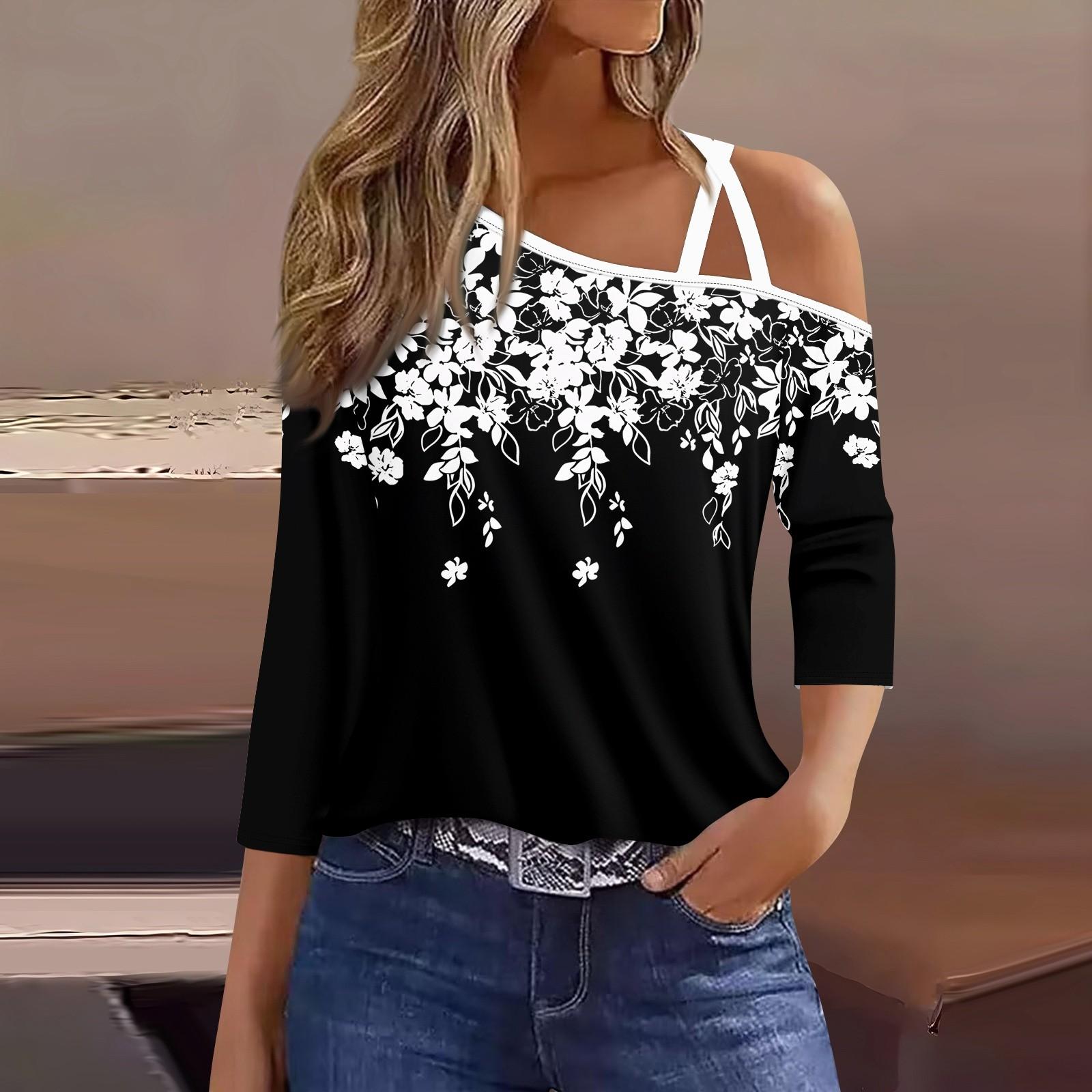 

Жіноча футболка з принтом і рукавами 3/4, щоденна мода на вихідні, звичайний топ із холодними плечима XXL