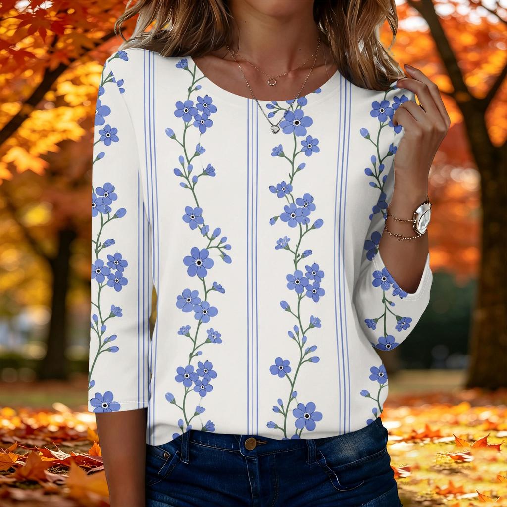 Top da donna casual alla moda a maniche a tre quarti con stampa floreale e girocollo