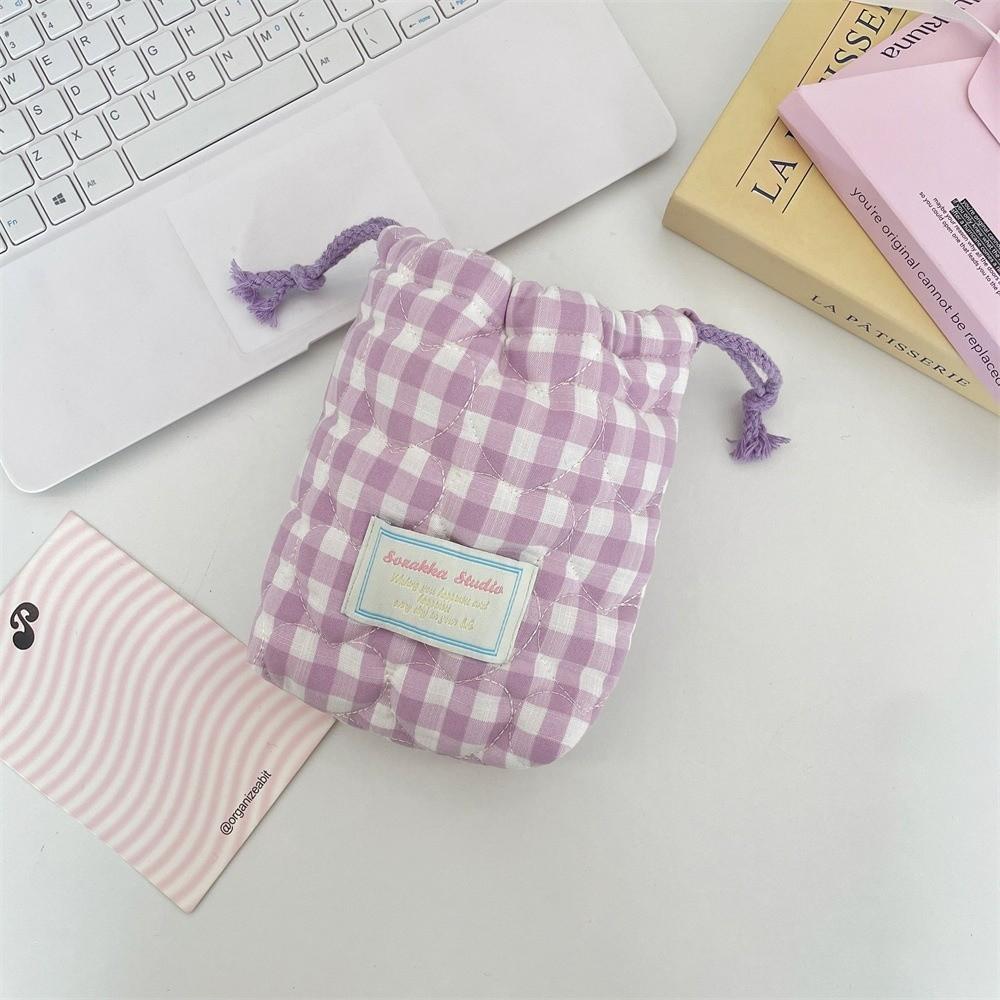 Plaid Drawstring Wallet Anti-fall Makeup Lipstick Storage Bag Camera Storage Bag  for Travel