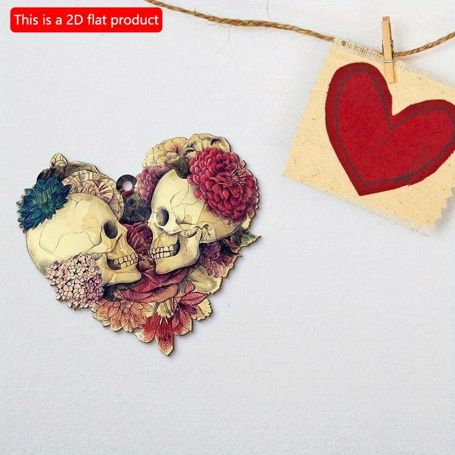 1pc 2d Flat Skull Couple Love Christmas Ornament Tree Decor Wooden Sign - 20cm Gifts for Couple, Gifts for Her, Gifts for Him, Rear View Mirror Car