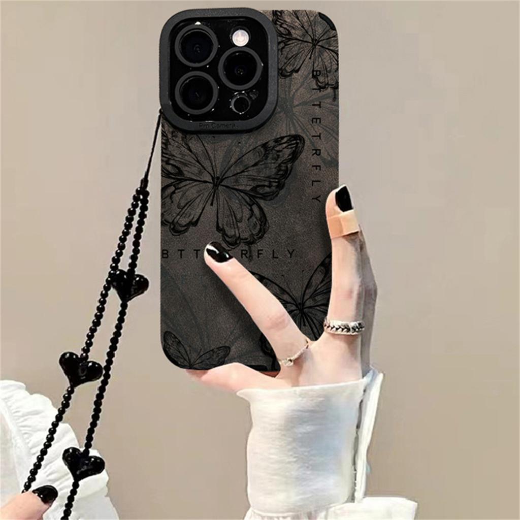 Retro Sketch Butterfly 3D Heart Lanyard Phone Case For iPhone 16 15 14 13 12 11 Pro Max Plus Shockproof Protective Back Cover