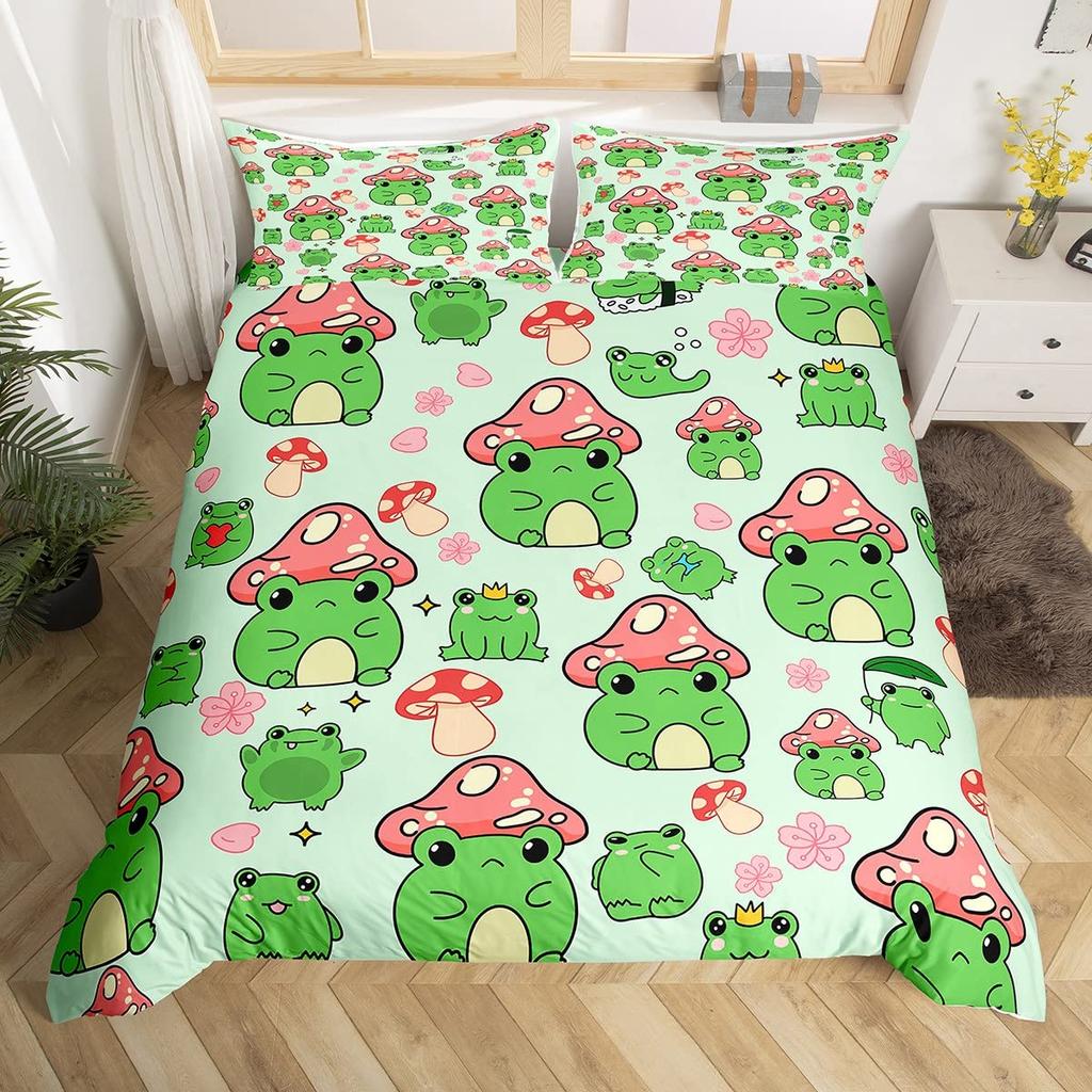 Cartoon Mushroom Frog Duvet Cover Twin Size,Cute Kawaii Green Animal Comforter Cover Maple Leaves Hazelnut Plant Quilt Cover