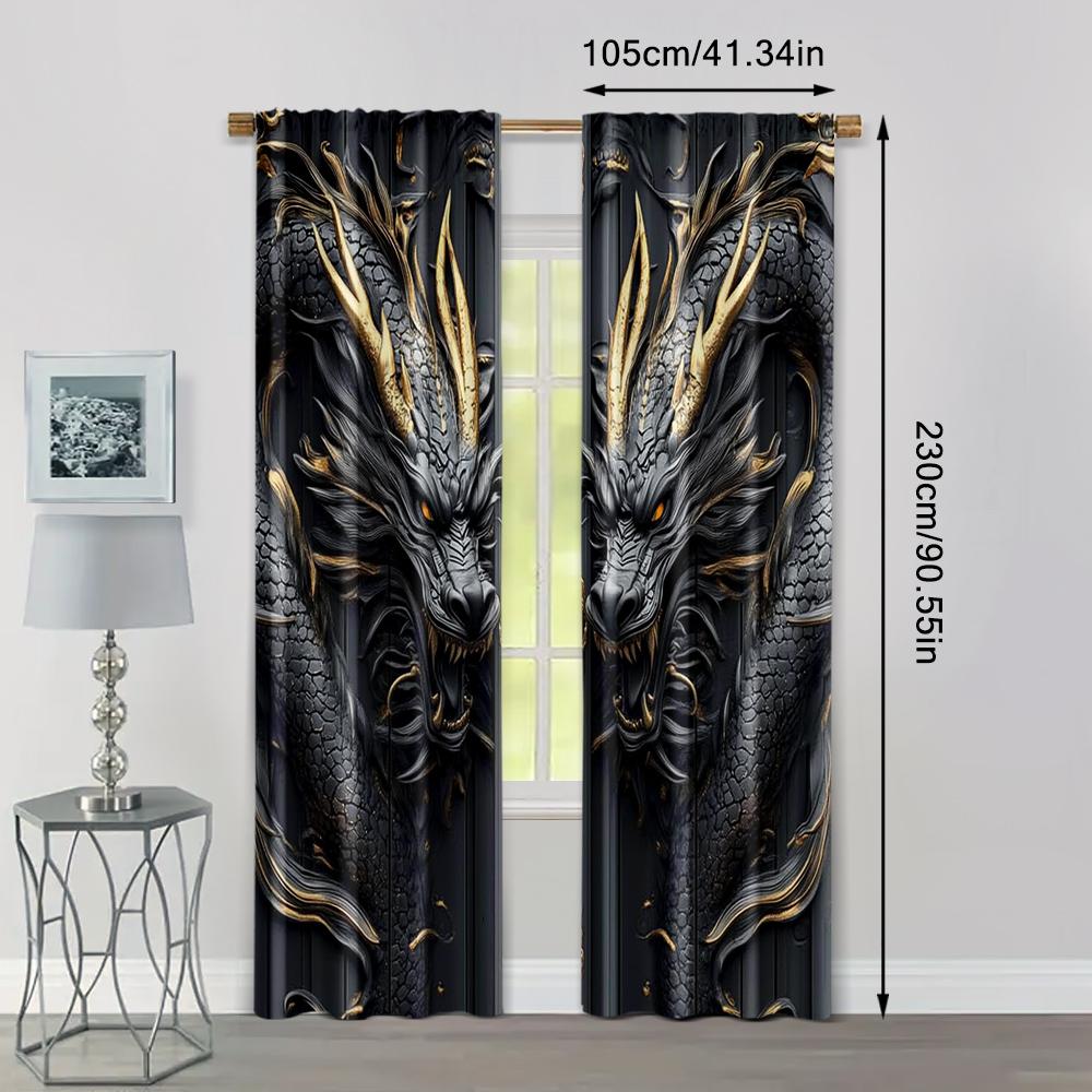 2pcs   Light Filtering Curtains  print Vintage Dragon Totem Black and Golden Versatile Durable Polyester (without rod) Stuff