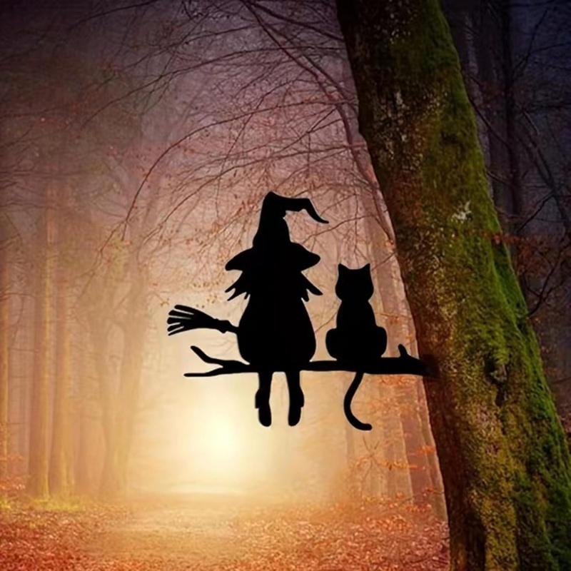 Halloween Black Cat Witch Broom Silhouette Garden Outdoor Stake Statue Decor