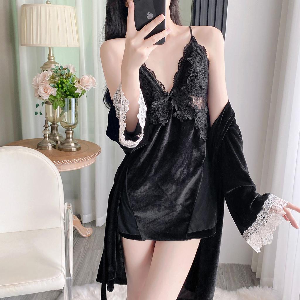 Female Sexy Winter Golden Velvet Pajamas Spring and Autumn Warm Suspender Nightgown Nightgown Two-piece Set Loungewear with Chest Pad