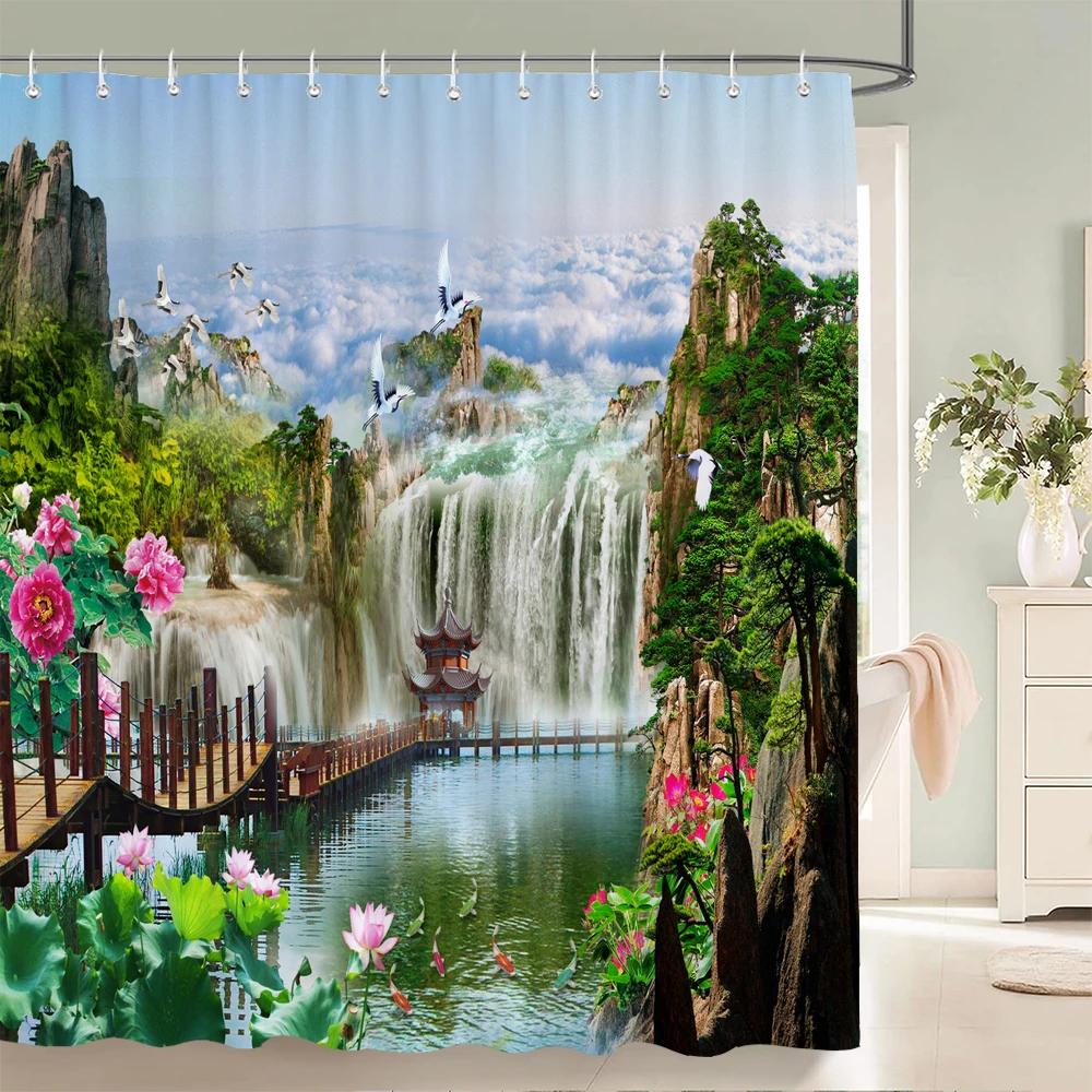 Chinese style Natural Waterfall landscape Shower Curtains Bathroom Curtain Waterproof Polyester Horse Bath Curtain with Hooks