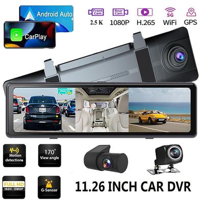11,26 cala 1080P wideorejestrator samochodowy bezprzewodowy Carplay Android Auto podwójny obiektyw WiFi kamera na deskę rozdzielczą WiFi GPS FM Bluetooth nagrywanie w pętli wideorejestrator