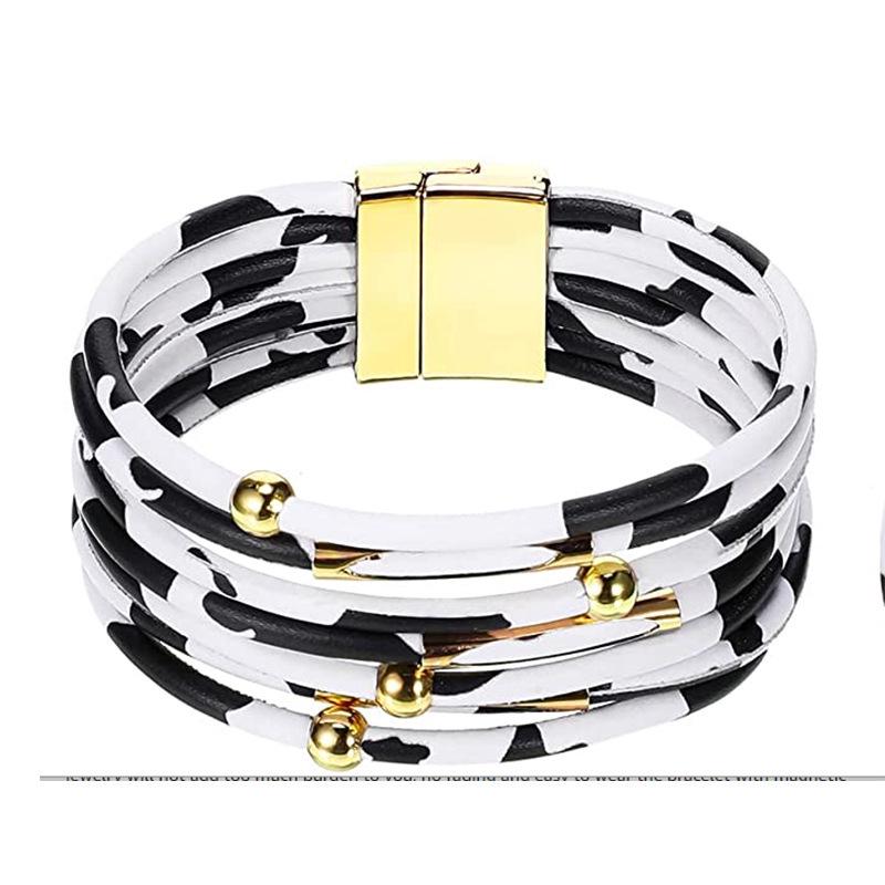 Leopard Print Magnetic Buckle Leather Bracelet: Alloy Beaded Cord with Copper Tube
