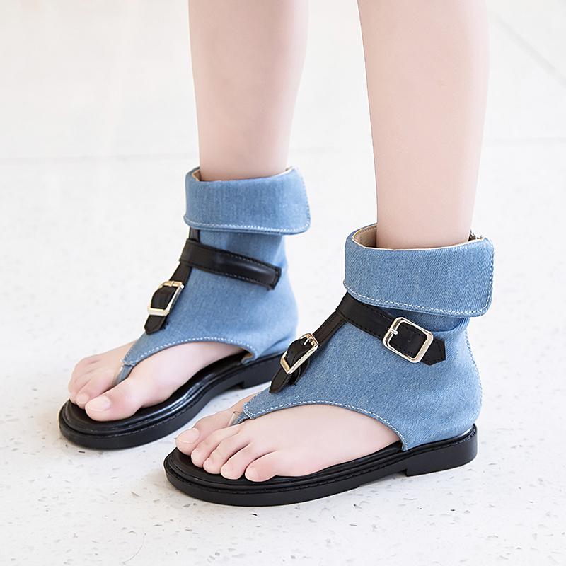 

Шлепанцы из денима для девочек, мягкая подошва, детские высокие римские сандалии, открытый носок, летняя мода, детские короткие ботинки, все в одном, 2024, новинка 26 синий