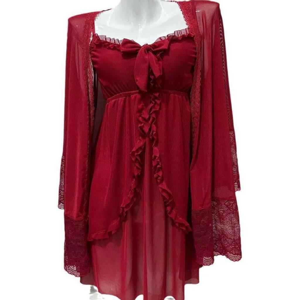 Set dulce de pijama din dantelă pentru femei, stil curte: Cămașă de noapte largă, cu bretele spaghetti, pentru primăvară/vară/toamnă – Pijama coreeană din două piese