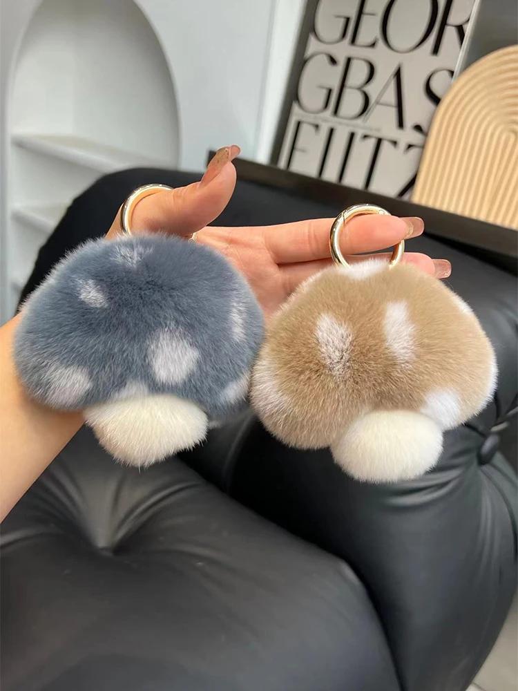Wholesale Cute Mushroom Real Rex Rabbit Fur Key Chains Girls Schoolbag Toy Pendant  Women Bag Charm Ornaments Car Keyring Gift