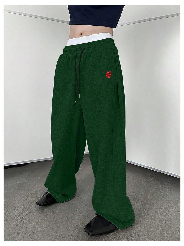 Men's Cross-Border Embroidered Sweatpants: Casual Wide-Leg, Autumn/Winter, Plus Velvet