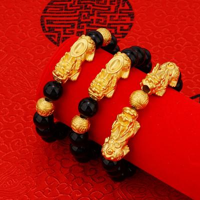 Luxuriöses 24k Gold Pixiu Imitat Achat Armband für Herren, Obsidian Armband, Sandgold