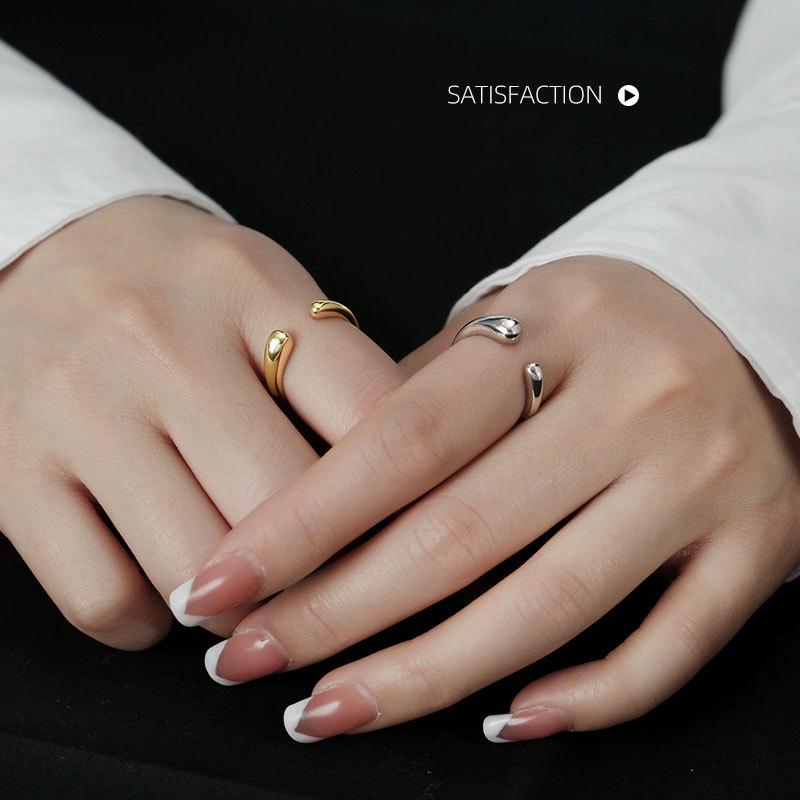 Banyan Tree Korean S925 Silver Water Drop Ring - Simple, Polished, and Elegant Design for Women