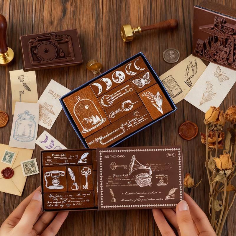 7pcs Wooden Seal Set Clear Carved Three-dimensional Pattern Calligraphy Painting Art DIY Handbook Decoration Personalized Gifts