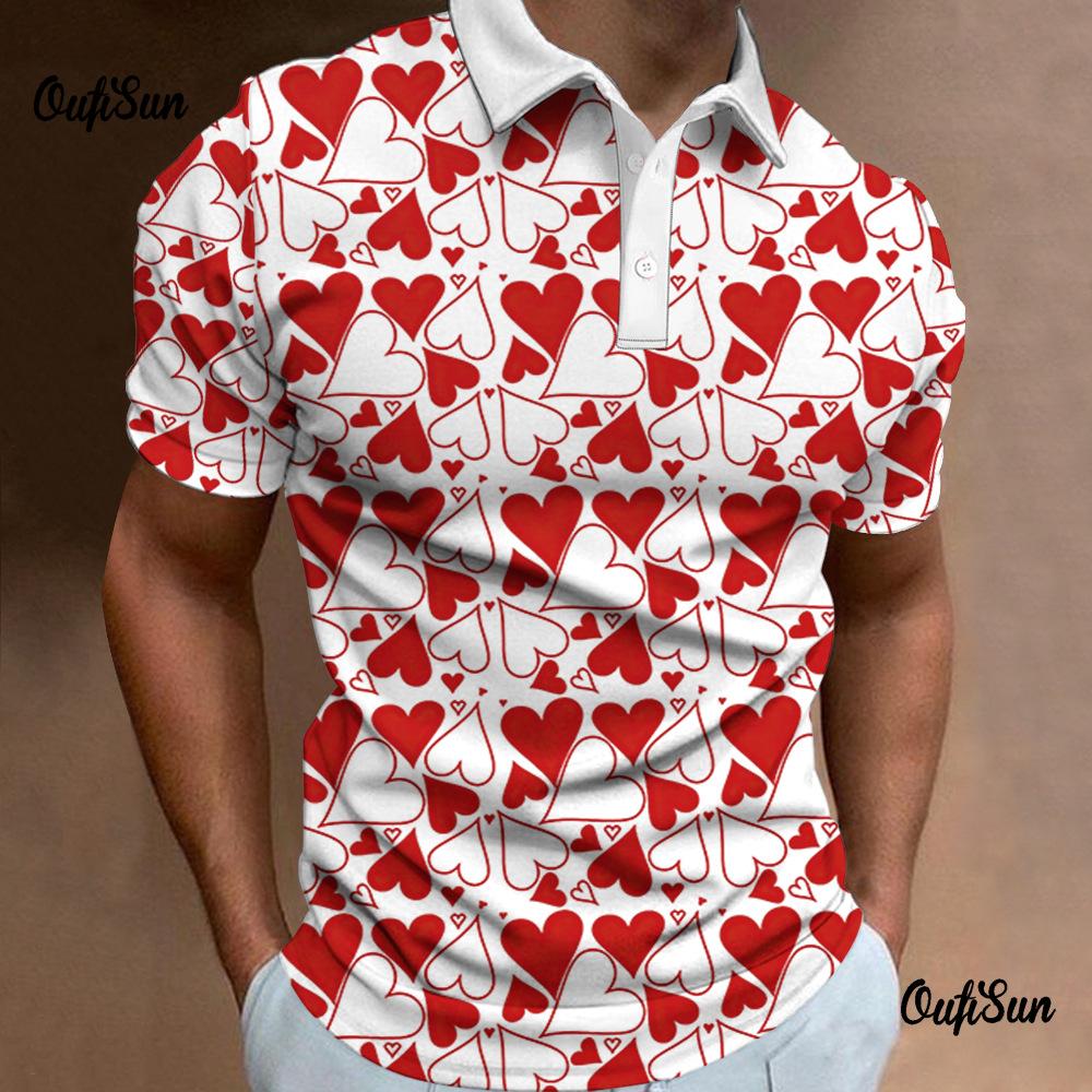 Trendy short-sleeve polo with love & heart prints, casual everyday wear.