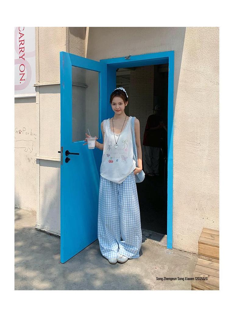Song Zhengen Women’s High Waist Light Blue Plaid Wide-Leg Summer Pants