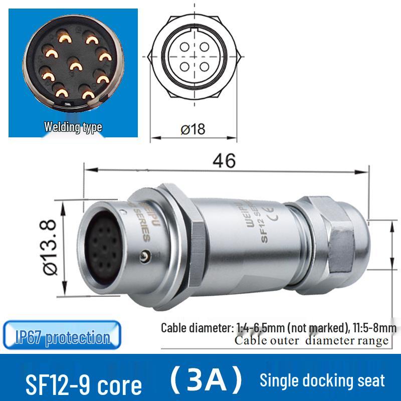 Weipu SF12 Aviation Connector, 2 to 9-Pin Male-Female Straight Pair