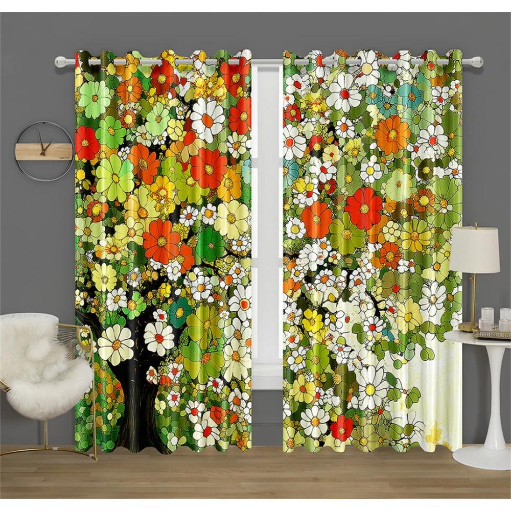 Colorful Rich Flowers Pattern Curtains Green and Peach Flowers Kitchen Decor Curtains Bedroom Living Room Window Decor 2 Panels