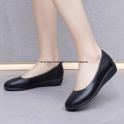 Women's Non-Slip Black Leather Work Shoes - Soft Sole Versatile Flats