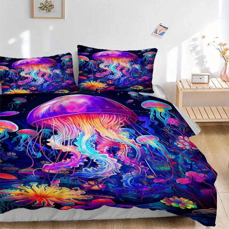 3pcs Colorful Jellyfish Bedding Set - Includes One Quilt Cover and Two Pillowcases (No Core) - Anime Cartoon Design, Perfect for Bedroom and