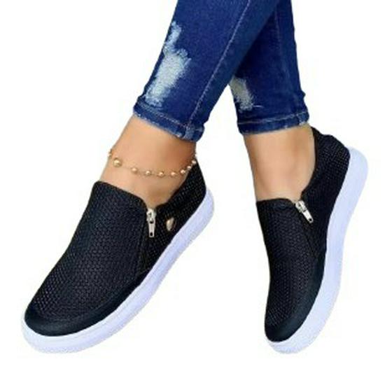 Plus Size Women's White Round Toe Flat Sneakers with Side Zipper (Sizes 36-43)