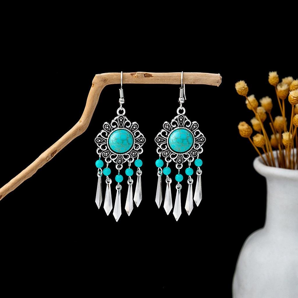Retro Ethnic Turquoise Earrings: Blue Hollow Flower, Tassel, Owl, and Water Drop Designs