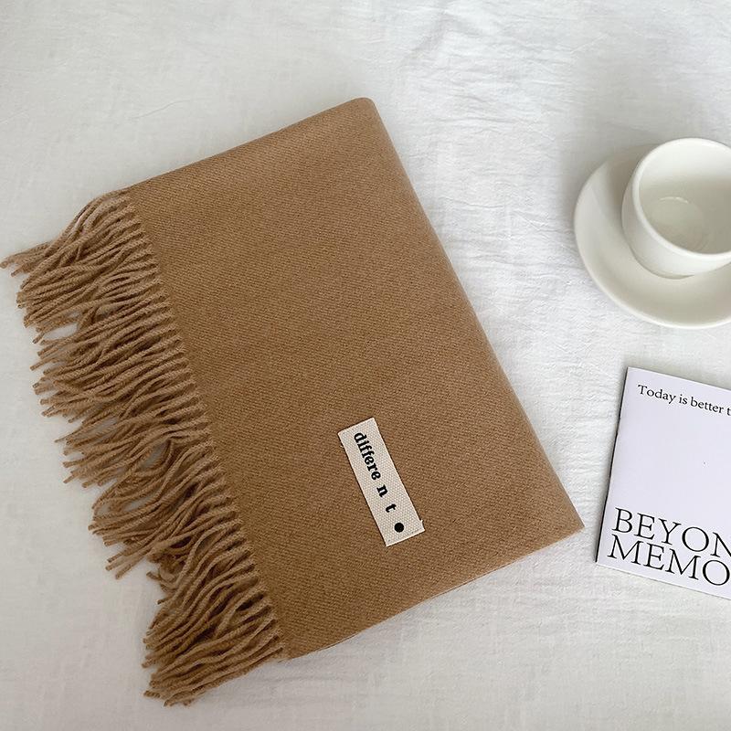Flowing Fringe, Color-blocked, Simple Design, Faux Cashmere-like Scarf, Winter-thick, Cape-style, Student-friendly, Solid Color.