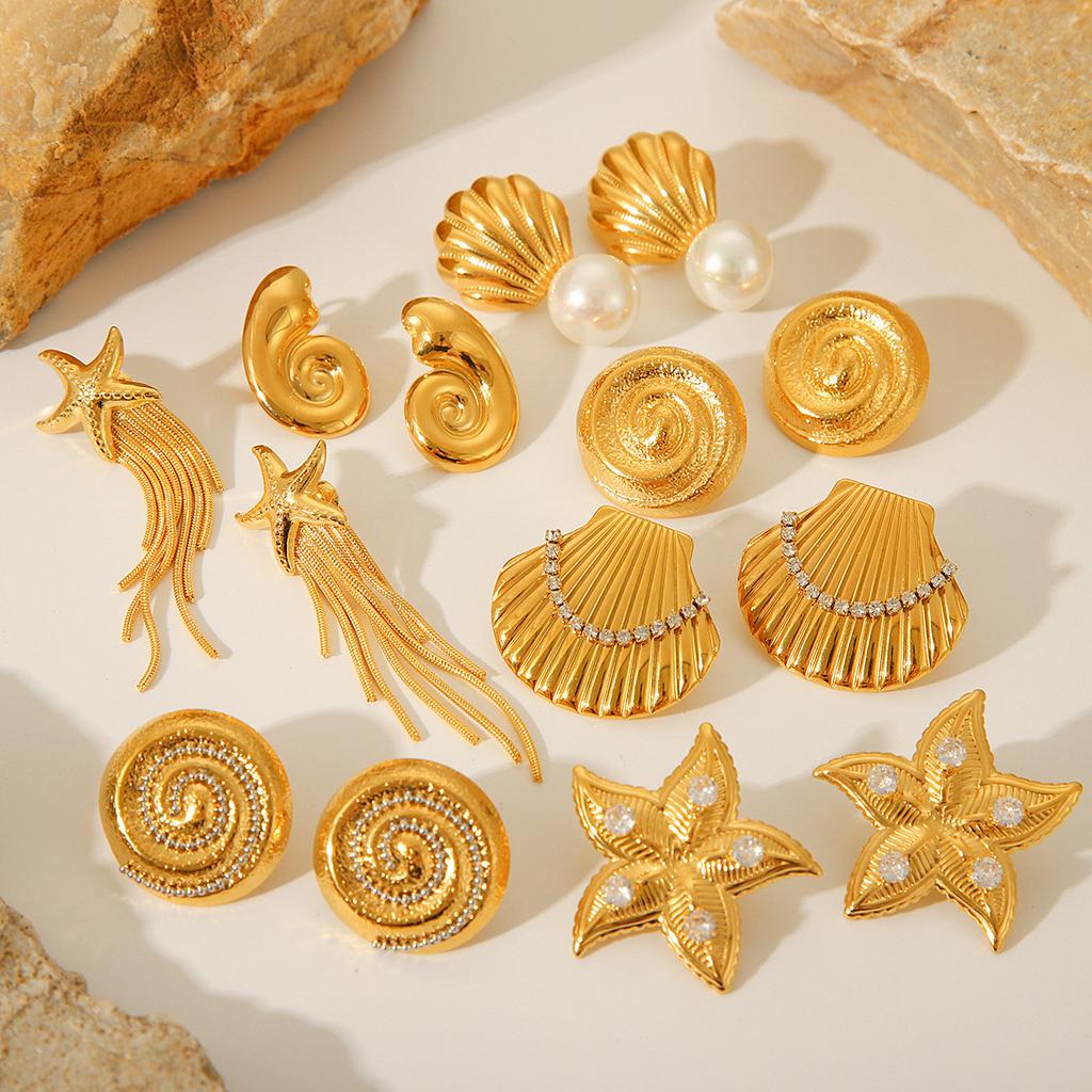 Ocean Elements Scallop Titanium Steel Earrings, 18K Gold Stainless Steel Ear Rings, Conch Starfish Studs