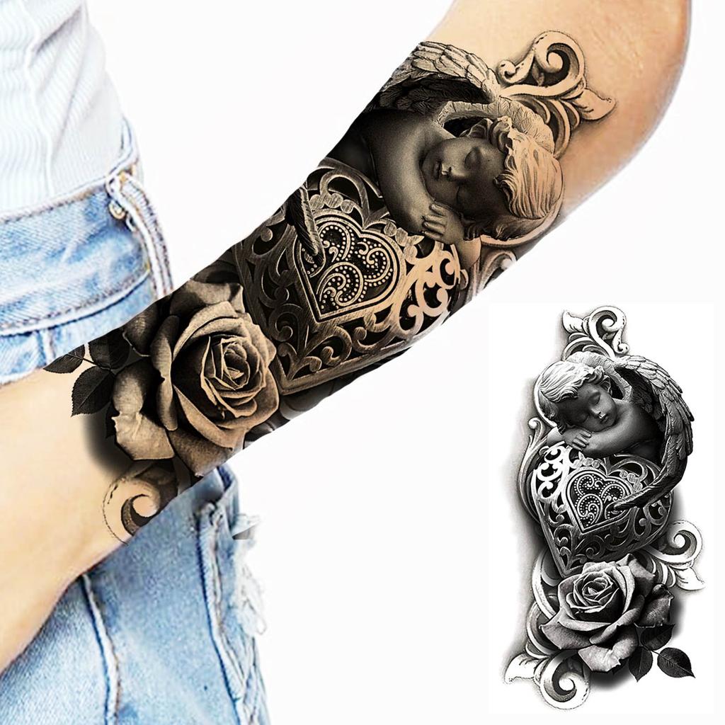 1 Sheet Lion Wolf Skeleton Nun Tiger Black Temporary Tattoos For Men Adult Leg Arm Compass Flower Fake Tattoo Sticker Waterproof