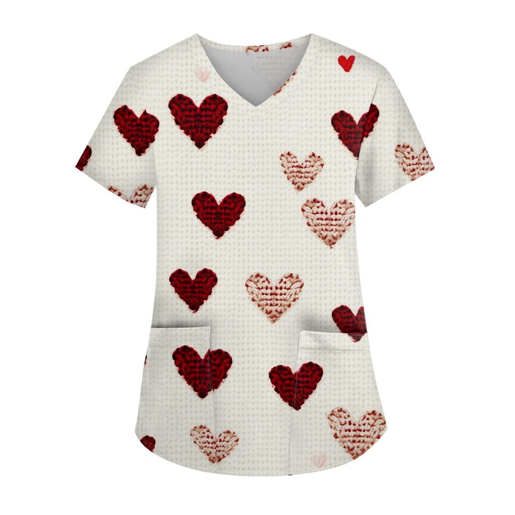 Damenmode, lässig, kurzärmelig, mit Herz-Print, V-Ausschnitt, Oberteil zum Valentinstag