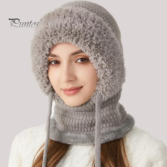 Women Winter Hat with Integrated Scarf Cold-proof Front Cover Thick Knitted Warm Solid Color Full Protection Outdoor Cycling Travel Cold Weather Cap