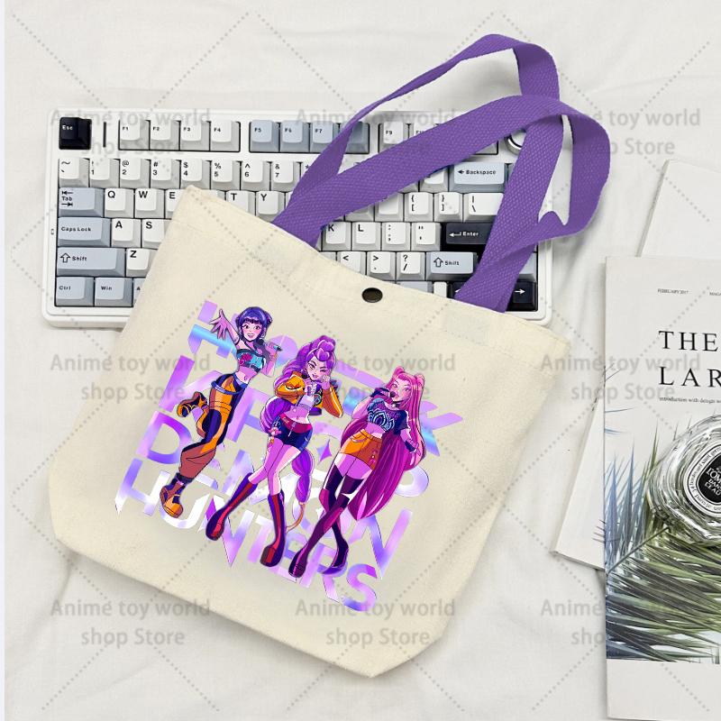 KPop Demon Hunters GIRLS Canvas Shopping Bags Women Cotton Tote Bags Reusable Cartoon Letter Shoulder Bag Grocery Handbag Beige