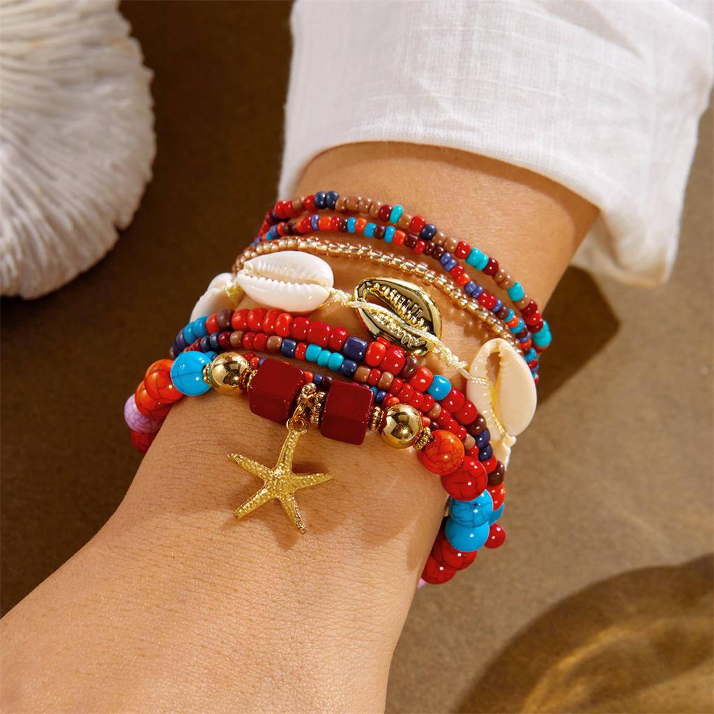 

8Pcs/Set Handmade Rice Beads Starfish Pendant Bracelets for Women Bohemian Shell Beaded Bracelet Beach Party Seaside Jewelry