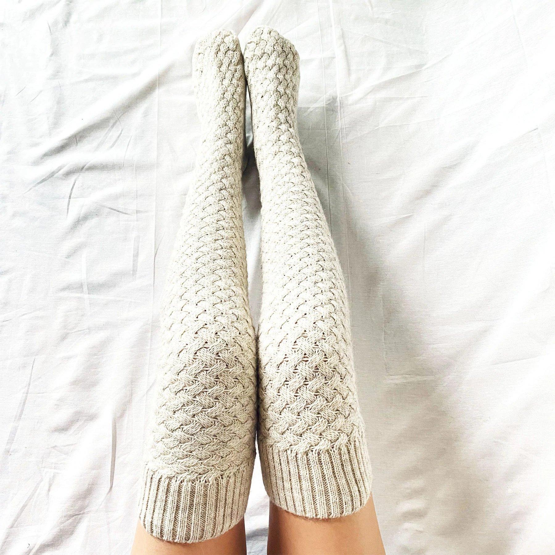 Neue Kniestrümpfe Damen Herbst Winter Grobstrick Freizeit Warm Oberschenkelhoch Beinwärmer Damen One Size white
