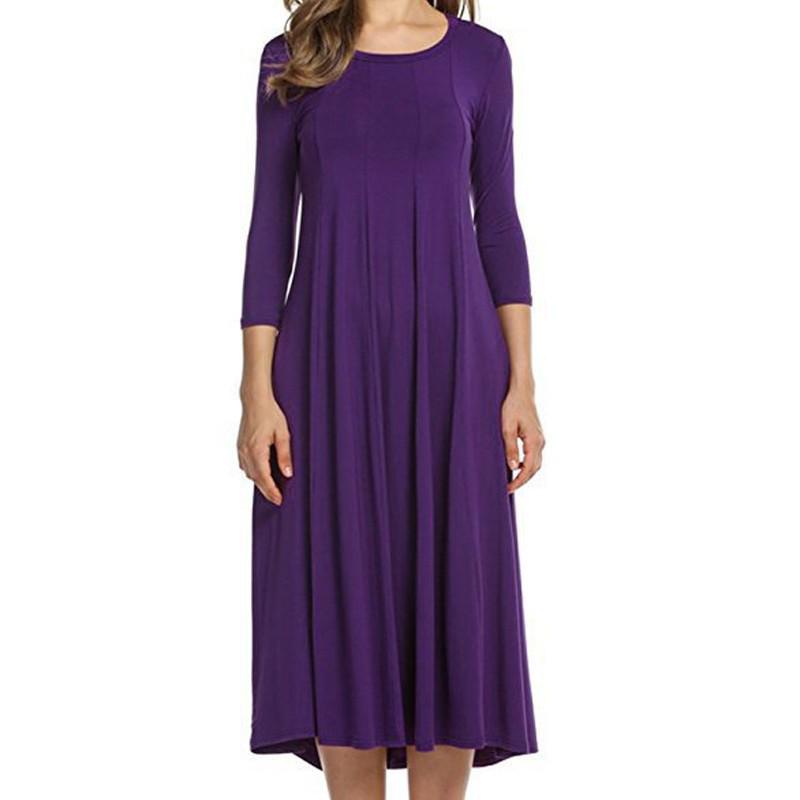 2024 Damen Sommer Mode Rundhals Mittellange Ärmel Einfarbig Großes Schwingkleid