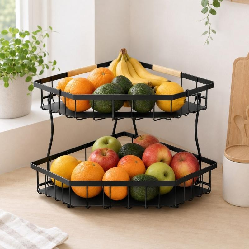 Space Saving 2 Level Fruit Basket for Kitchen Counter, Carbon Steel Produce Holder with Open Access for Vegetables, Bread and Daily Foods